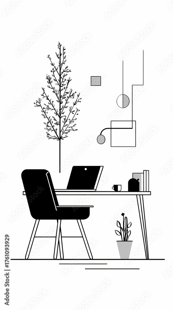 Fototapeta premium A vibrant abstract illustration of a flexible work from home life blending a cozy interior with digital network elements and flowing shapes for a balanced modern lifestyle