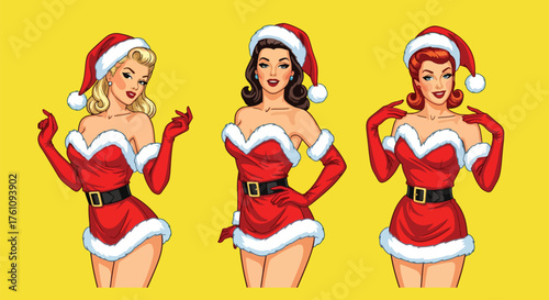 Vector art of three pin-up sexy women in festive Santa dresses and hats posing cheerfully on a bright background, ideal for Christmas marketing, holiday invitations, or seasonal promotions