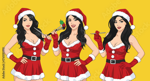 Vector art of three pin-up sexy women in festive Santa dresses and hats posing cheerfully on a bright background, ideal for Christmas marketing, holiday invitations, or seasonal promotions