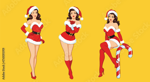 Vector art of three pin-up sexy women in festive Santa dresses and hats posing cheerfully on a bright background, ideal for Christmas marketing, holiday invitations, or seasonal promotions