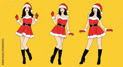 Vector art of three pin-up sexy women in festive Santa dresses and hats posing cheerfully on a bright background, ideal for Christmas marketing, holiday invitations, or seasonal promotions