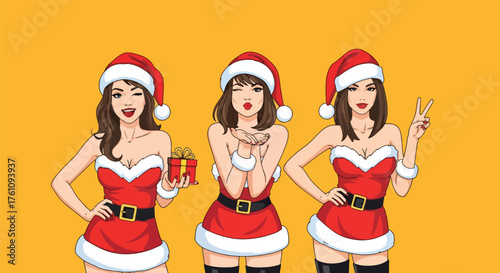 Vector art of three pin-up sexy women in festive Santa dresses and hats posing cheerfully on a bright background, ideal for Christmas marketing, holiday invitations, or seasonal promotions