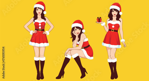Vector art of three pin-up sexy women in festive Santa dresses and hats posing cheerfully on a bright background, ideal for Christmas marketing, holiday invitations, or seasonal promotions