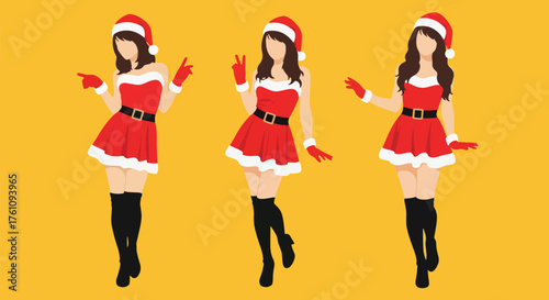 Vector art of three pin-up sexy women in festive Santa dresses and hats posing cheerfully on a bright background, ideal for Christmas marketing, holiday invitations, or seasonal promotions