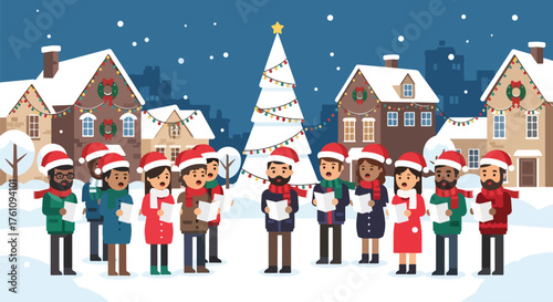Flat vector of joyful carolers singing Christmas songs in snow-covered town square with festive decorations and lights
