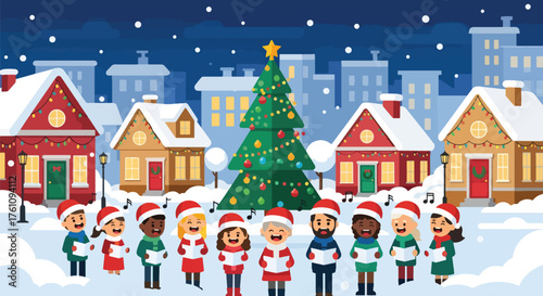 Flat vector of joyful carolers singing Christmas songs in snow-covered town square with festive decorations and lights