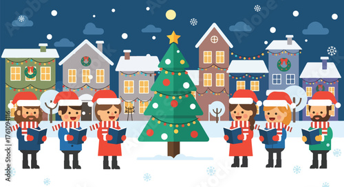 Flat vector of joyful carolers singing Christmas songs in snow-covered town square with festive decorations and lights