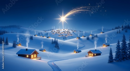 Magical christmas star lights up snowy village landscape