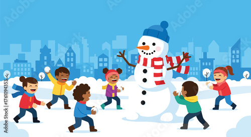 Flat vector of children building snowman and throwing snowballs in snowy field, joyful outdoor Christmas fun scene