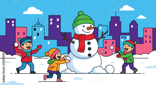 Flat vector of children building snowman and throwing snowballs in snowy field, joyful outdoor Christmas fun scene