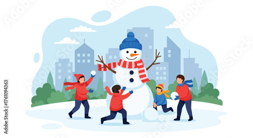 Flat vector of children building snowman and throwing snowballs in snowy field, joyful outdoor Christmas fun scene