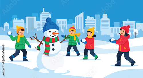 Flat vector of children building snowman and throwing snowballs in snowy field, joyful outdoor Christmas fun scene