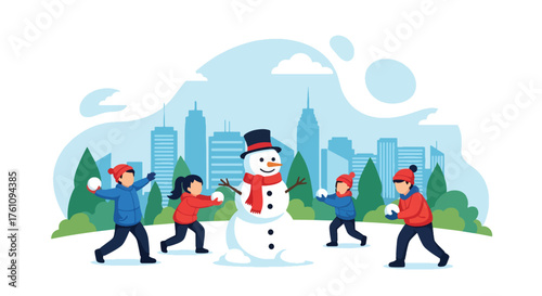 Flat vector of children building snowman and throwing snowballs in snowy field, joyful outdoor Christmas fun scene