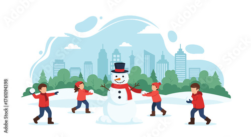 Flat vector of children building snowman and throwing snowballs in snowy field, joyful outdoor Christmas fun scene