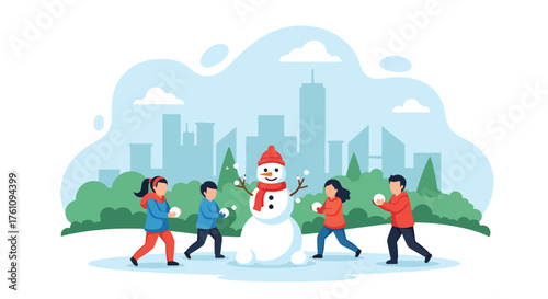 Flat vector of children building snowman and throwing snowballs in snowy field, joyful outdoor Christmas fun scene