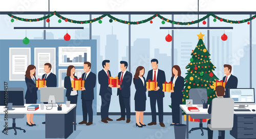 Flat vector of colleagues exchanging Christmas presents in decorated office, cheerful holiday teamwork concept