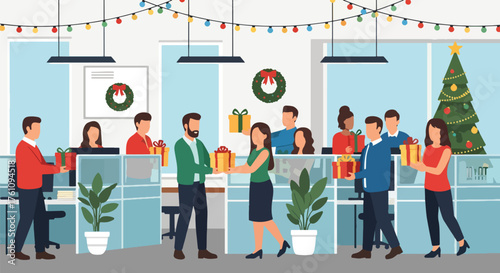 Flat vector of colleagues exchanging Christmas presents in decorated office, cheerful holiday teamwork concept