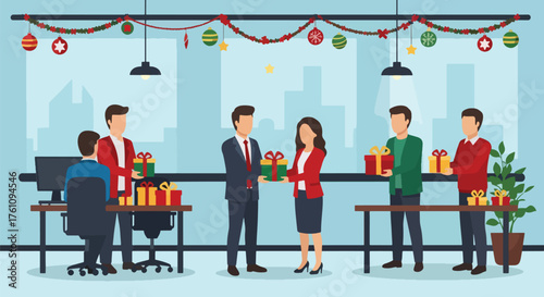 Flat vector of colleagues exchanging Christmas presents in decorated office, cheerful holiday teamwork concept
