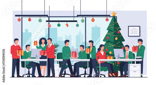 Flat vector of colleagues exchanging Christmas presents in decorated office, cheerful holiday teamwork concept