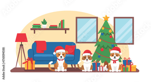 Flat vector of adorable pets in Santa hats sitting beside Christmas tree with wrapped gifts, cheerful holiday pet theme