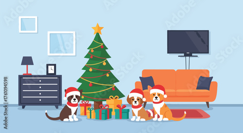 Flat vector of adorable pets in Santa hats sitting beside Christmas tree with wrapped gifts, cheerful holiday pet theme