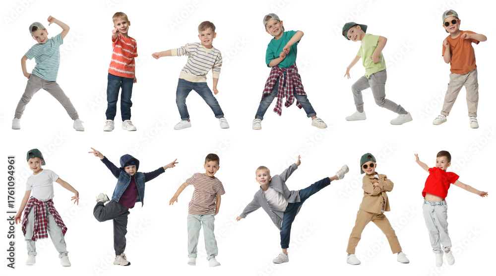 Fototapeta premium Happy children dancing on white background, collage
