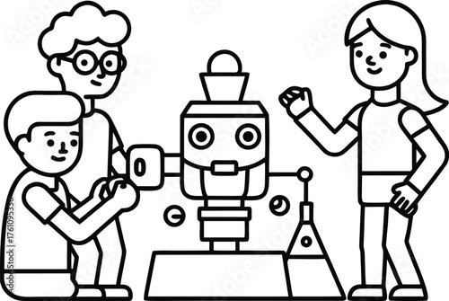 Children enthusiastically building and interacting with a robot project isolated on transparent background