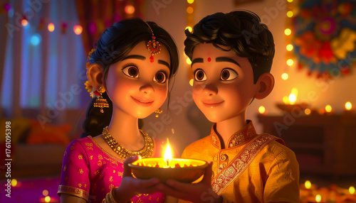 Joyful Cartoon Siblings in Traditional Indian Attire Performing Puja Ritual