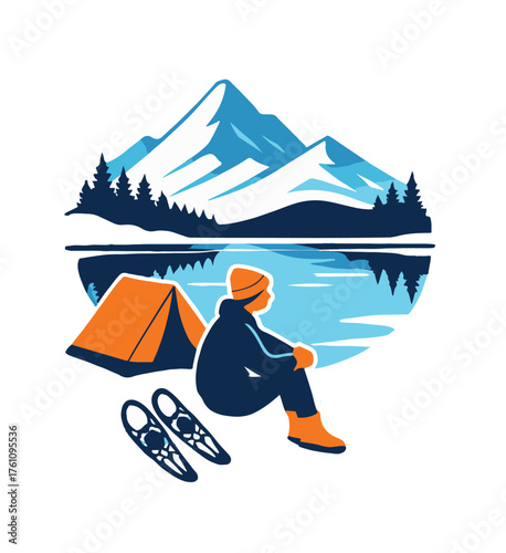 Stylized illustration of a person in orange hat and dark blue jacket sitting by a lake with a tent and snowshoes near snow-capped mountains and pine trees