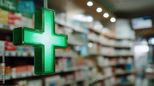 A bright green plus sign illuminates the entrance of a welcoming health clinic. Shelves are stocked, ready to assist with your wellness needs. Your local care provider.