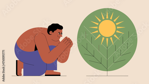 A man in blue pants crouches thoughtfully next to a large green oval with a sun and leaves inside representing nature and contemplation