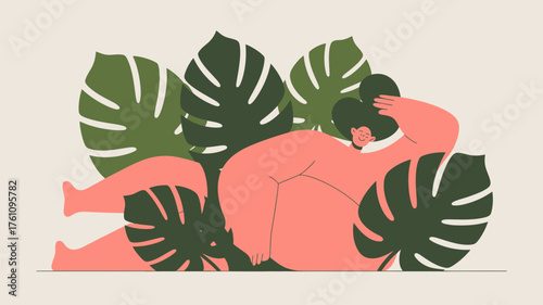 A stylized illustration of a woman with a curvier figure relaxing amongst large green monstera leaves in a soft neutral background