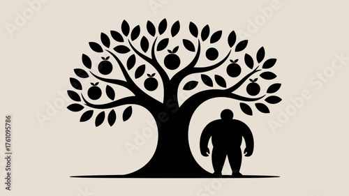 Silhouette of a large muscular man standing next to a stylized fruit tree laden with ripe fruit against a plain background