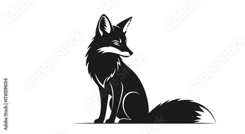 An elegant black fox sits patiently on a white background looking to its right.