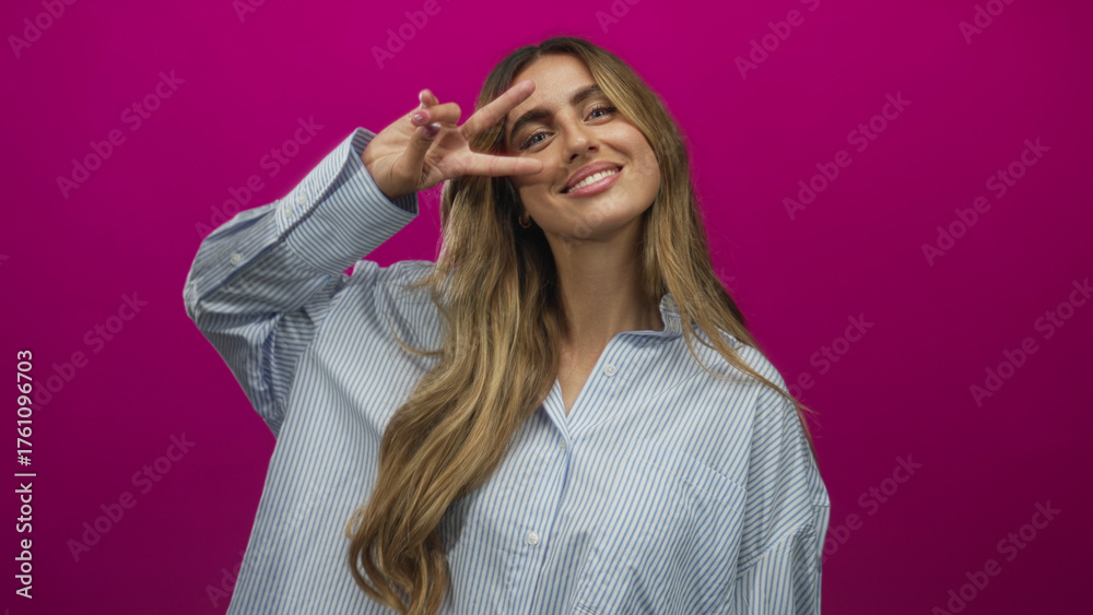 Fototapeta premium Woman making peace sign with hand in a bright purple photo studio showcasing her long blonde hair; joy playfulness confidence positivity.