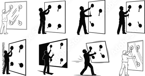 Worker adjusting suction cups on vertical board, installation process, panel handling, safety labor silhouettes, industrial equipment operation, construction technique illustration - flat vector