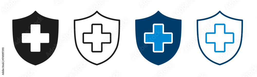 Obraz premium Health insurance icon set, Insurance health, medical health protection shield with cross plus sign inside, healthcare medicine protected guard shield concept, safety badge, security safeguard label