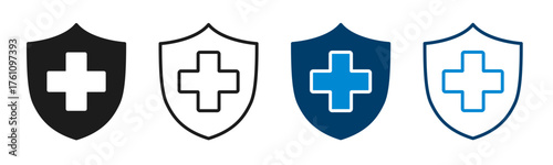 Health insurance icon set, Insurance health, medical health protection shield with cross plus sign inside, healthcare medicine protected guard shield concept, safety badge, security safeguard label