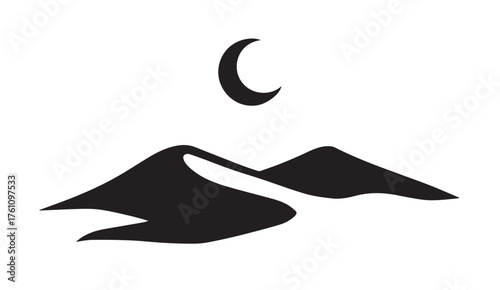 Black crescent moon over stylized desert dunes at night vector