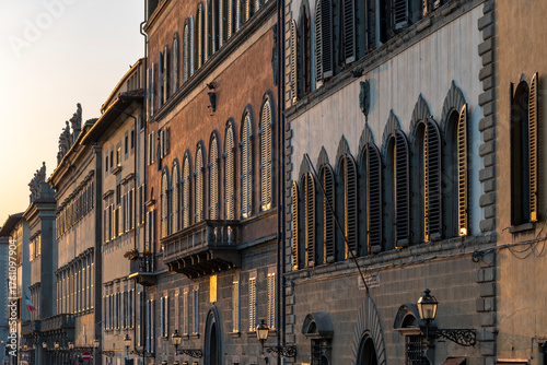 Building facades along Lungarno Corsini at sunset, Florence, Tuscany, Italy
