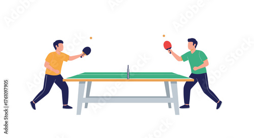 Two men playing table tennis on a green table with paddles in the illustration.
