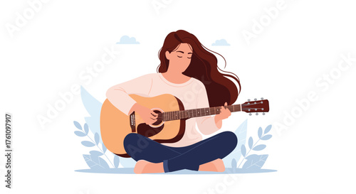 A young woman playing acoustic guitar outdoors surrounded by plants and sky.