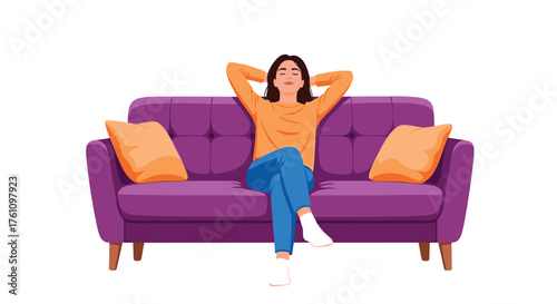 A woman relaxes comfortably on a purple sofa with orange pillows in a casual setting.