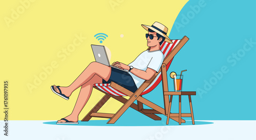 A person working on a laptop while relaxing in a beach chair with a drink and Wi-Fi signal overhead.