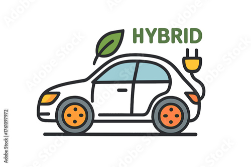 Hybrid car illustration with green leaf and electric plug symbol hybrid model sketch