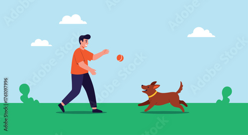 A happy person playing fetch with a dog in a park on a sunny day.