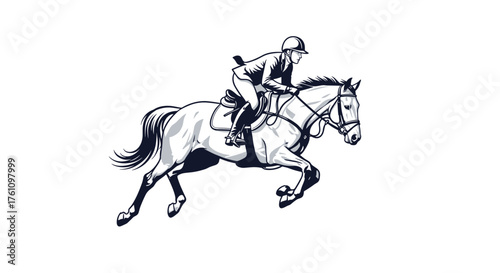 A rider and horse jumping over an obstacle during a competitive equestrian event.