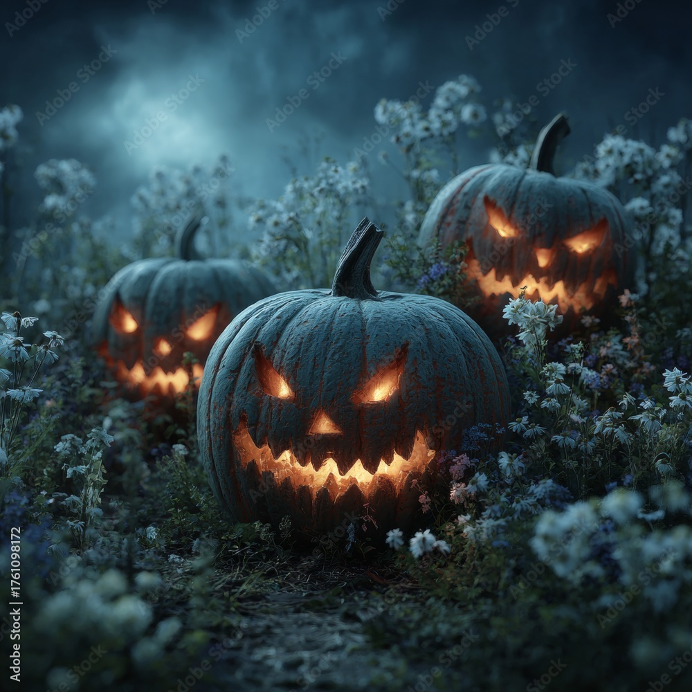Naklejka premium Enchanted woods with bewitching halloween pumpkins. Designer fashion. Pumpkins carved with intricate designs in a spooky forest. Rich texture. Sophisticated pose.