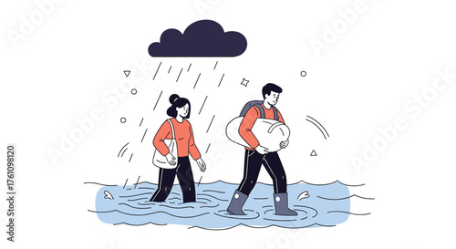 People walking through floodwaters during a rainstorm carrying their belongings.