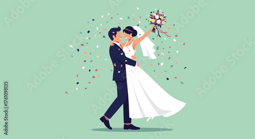 A joyful newlywed couple celebrating their wedding day with confetti falling around them.